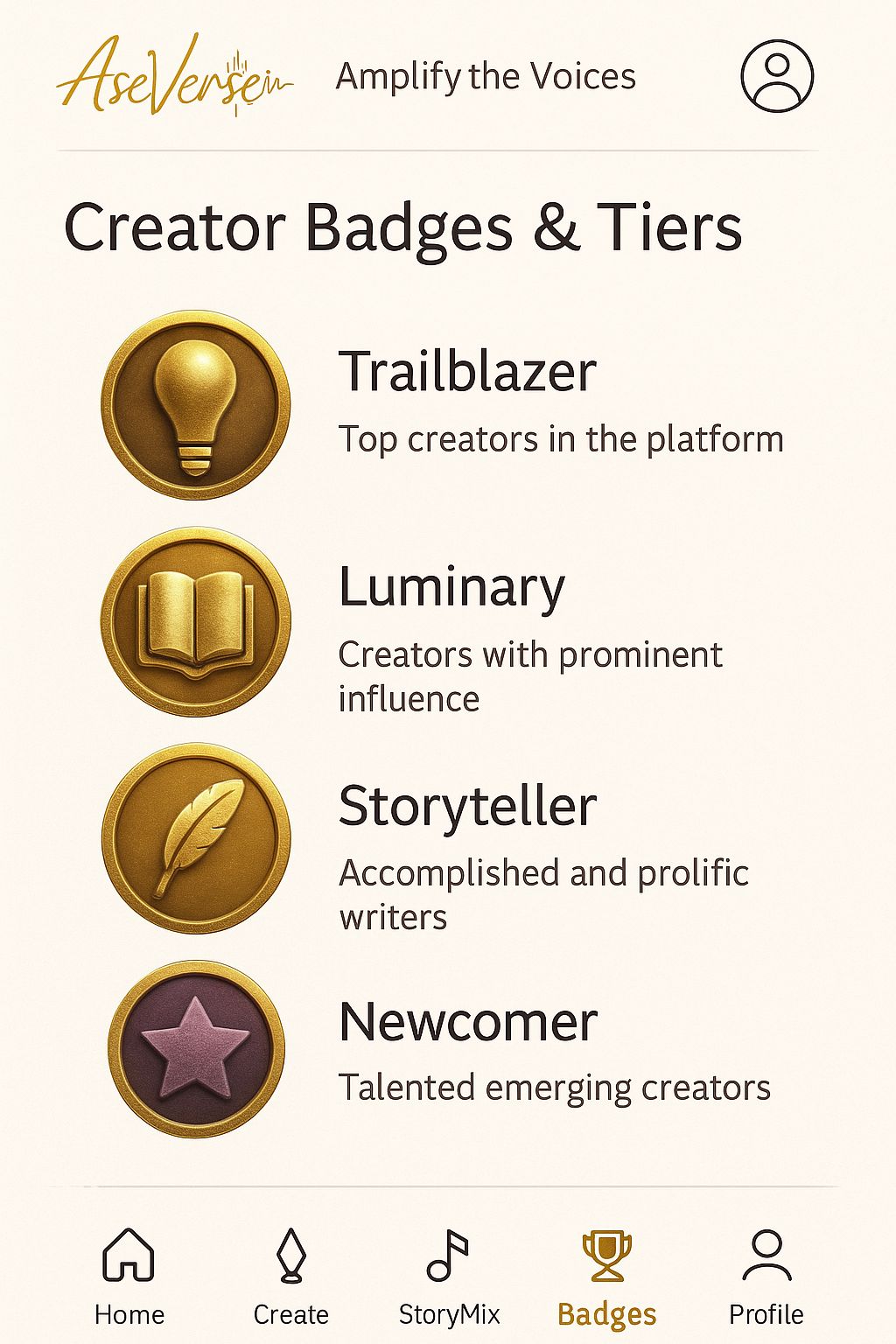 AseVerse creator badges screen