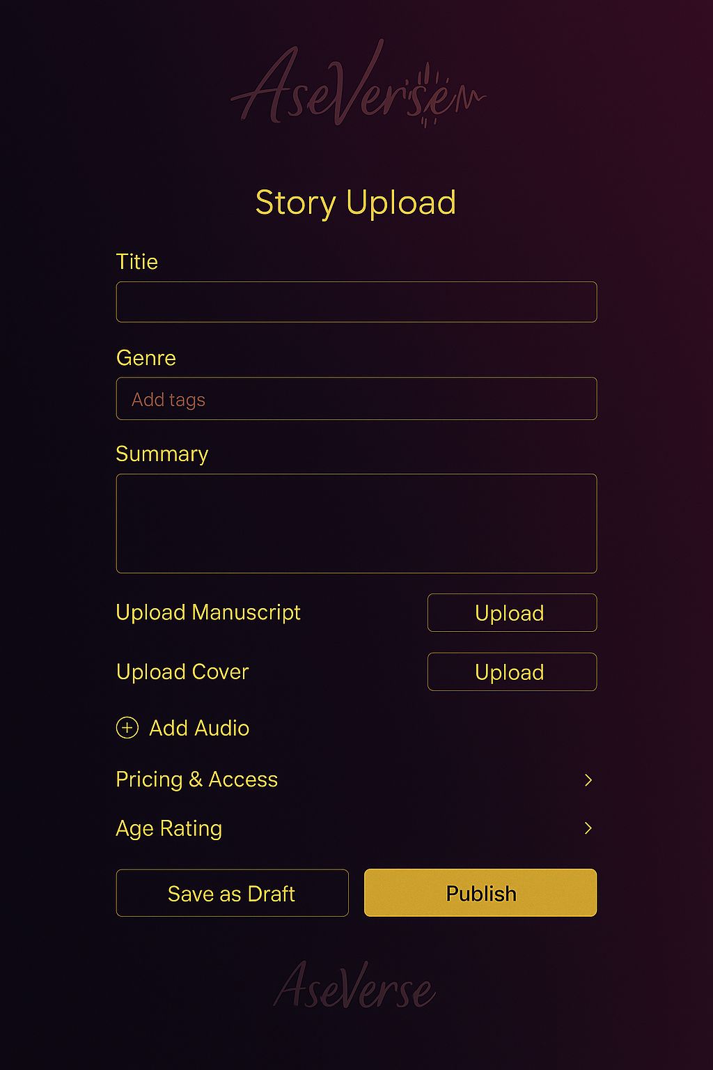 AseVerse creator upload screen